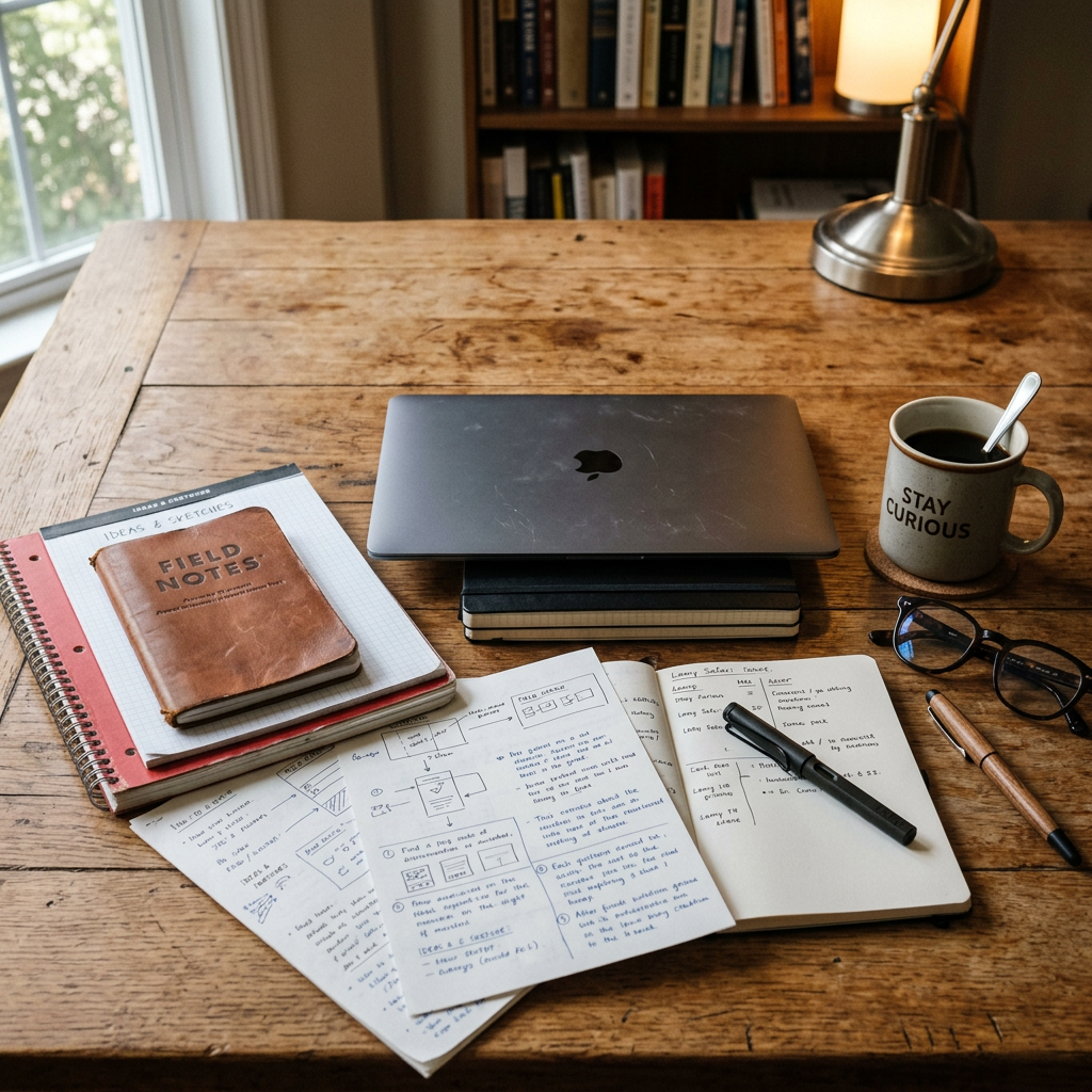 Desk with laptop, notebooks, handwritten notes, glasses, pen, and coffee mug reading 'Stay Curious'